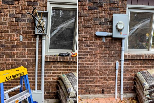 Updated electric meter installation on brick wall